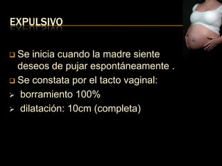 EXPULSIVO

 Se inicia cuando la madre siente
  deseos de pujar espontáneamente .
 Se constata por el tacto vaginal:

 borramiento 100%

 dilatación: 10cm (completa)
 