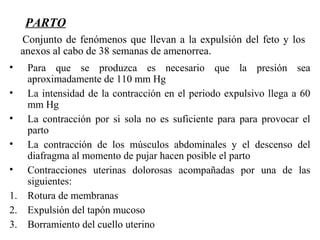 PARTO
Conjunto de fenómenos que llevan a la expulsión del feto y los
anexos al cabo de 38 semanas de amenorrea.
• Para que se produzca es necesario que la presión sea
aproximadamente de 110 mm Hg
• La intensidad de la contracción en el periodo expulsivo llega a 60
mm Hg
• La contracción por si sola no es suficiente para para provocar el
parto
• La contracción de los músculos abdominales y el descenso del
diafragma al momento de pujar hacen posible el parto
• Contracciones uterinas dolorosas acompañadas por una de las
siguientes:
1. Rotura de membranas
2. Expulsión del tapón mucoso
3. Borramiento del cuello uterino
 