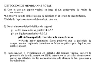 1) Con el uso del espejo vaginal se hace el Dx concuyente de rotura de
membranas:
*Se observa liquido amniotico que se acumula en el fondo de sacoposterior,
*Salida de liq claro a traves del conducto cervical.
2) Determinacoin del pH del liquido vaginal
pH de las secrciones vaginales=4.5-5.5
pH del liquido amniotico=7.0-7.5
pH >6.5 compatible con rotura de memebranas
>>Puede haber resultados falsos positivos por la presencia de
sangre, semen, vaginosis bacteriana, o falsos negativos por liquido para
analisis escaso
3) Ramificacion o cristalizacion en helecho del liquido vaginal sugiere la
presencia de liquido amniotico. El liq amniotico se cristaliza formando un
patron en helecho, por las concentraciones de cloruro de Na, proteinas y
carbohidratos
DETECCION DE MEMBRANAS ROTAS
 