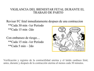 VIGILANCIA DEL BIENESTAR FETAL DURANTE EL
TRABAJO DE PARTO
Revisar FC fetal inmediatamente despues de una contraccion
**Cada 30 min -1er Periodo
**Cada 15 min -2do
Con embarazo de riesgo…
**Cada 15 min -1er Periodo
**Cada 5 min – 2do
Verificación y registro de la contractilidad uterina y el latido cardiaco fetal,
antes, durante y después de la contracción uterina al menos cada 30 minutos.
 