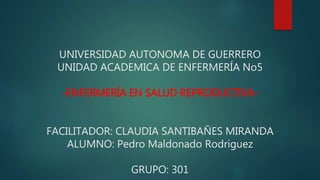 UNIVERSIDAD AUTONOMA DE GUERRERO
UNIDAD ACADEMICA DE ENFERMERÍA No5
-ENFERMERÍA EN SALUD REPRODUCTIVA-
FACILITADOR: CLAUDIA SANTIBAÑES MIRANDA
ALUMNO: Pedro Maldonado Rodriguez
GRUPO: 301
 
