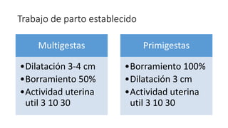 Trabajo de parto establecido
Multigestas
•Dilatación 3-4 cm
•Borramiento 50%
•Actividad uterina
util 3 10 30
Primigestas
•Borramiento 100%
•Dilatación 3 cm
•Actividad uterina
util 3 10 30
 