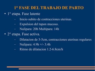 1° FASE DEL TRABAJO DE PARTO 
 1° etapa. Fase latente 
- Inicio subito de contracciones uterinas. 
- Expulsion del tapon mucoso. 
- Nulipara: 20h Multipara: 14h 
 2° etapa. Fase activa. 
- Dilatacion de 3-5cm, contracciones uterinas regulares 
- Nulipara: 4.9h +/- 3.4h 
- Ritmo de dilatacion 1.2-6.8cm/h 
 