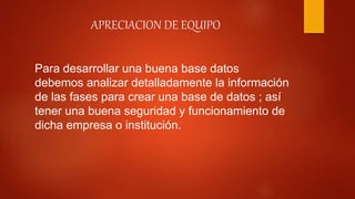 APRECIACION DE EQUIPO
Para desarrollar una buena base datos
debemos analizar detalladamente la información
de las fases para crear una base de datos ; así
tener una buena seguridad y funcionamiento de
dicha empresa o institución.
 