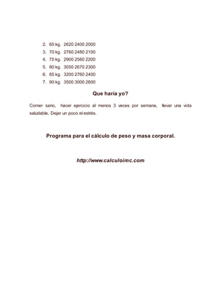 2. 65 kg. 2620 2400 2000
3. 70 kg. 2760 2480 2100
4. 75 kg. 2900 2560 2200
5. 80 kg. 3050 2670 2300
6. 85 kg. 3200 2760 2400
7. 90 kg. 3500 3000 2600
Que haría yo?
Comer sano, hacer ejercicio al menos 3 veces por semana, llevar una vida
saludable. Dejar un poco el estrés.
Programa para el cálculo de peso y masa corporal.
http://www.calculoimc.com
 
