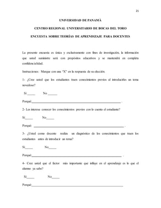 21
UNIVERSIDAD DE PANAMÀ
CENTRO REGIONAL UNIVERSITARIO DE BOCAS DEL TORO
ENCUESTA SOBRE TEORÍAS DE APRENDIZAJE PARA DOCENTES
La presente encuesta es única y exclusivamente con fines de investigación, la información
que usted suministre será con propósitos educativos y se mantendrá en completa
confidencialidad.
Instrucciones: Marque con una “X” en la respuesta de su elección.
1- ¿Cree usted que los estudiantes traen conocimientos previos al introducirles un tema
novedoso?
Sí _____ No ______
Porqué: .
2- Les interesa conocer los conocimientos previos con lo cuenta el estudiante?
Sí_____ No_____
Porqué: .
3- ¿Usted como docente realiza un diagnóstico de los conocimientos que traen los
estudiantes antes de introducir un tema?
Sí_____ No_____
Porqué: .
4- Cree usted que el factor más importante que influye en el aprendizaje es lo que el
alumno ya sabe?
Sí_____ No_____
Porqué:__________________________________________________________
 