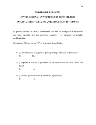 23
UNIVERSIDAD DE PANAMÀ
CENTRO REGIONAL UNIVERSITARIO DE BOCAS DEL TORO
ENCUESTA SOBRE TEORÍAS DE APRENDIZAJE PARA ESTUDIANTES
La presente encuesta es única y exclusivamente con fines de investigación, la información
que usted suministre será con propósitos educativos y se mantendrá en completa
confidencialidad.
Instrucciones: Marque con una “X” en la respuesta de su elección.
1- ¿El docente realiza un diagnóstico previo para luego introducir un tema nuevo?
Sí______ No______
2- ¿Comprende la relación y aplicabilidad de los temas dictados en clases con su vida
diaria?
Sí______ No______
3- ¿Considera que usted recibe un aprendizaje significativo?
Sí______ No_______
 