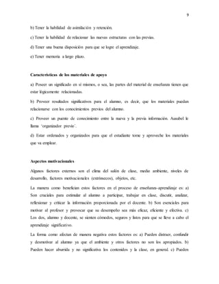 9
b) Tener la habilidad de asimilación y retención.
c) Tener la habilidad de relacionar las nuevas estructuras con las previas.
d) Tener una buena disposición para que se logre el aprendizaje.
e) Tener memoria a largo plazo.
Características de los materiales de apoyo
a) Poseer un significado en sí mismos, o sea, las partes del material de enseñanza tienen que
estar lógicamente relacionadas.
b) Proveer resultados significativos para el alumno, es decir, que los materiales puedan
relacionarse con los conocimientos previos del alumno.
c) Proveer un puente de conocimiento entre la nueva y la previa información. Ausubel le
llama ‘organizador previo´.
d) Estar ordenados y organizados para que el estudiante tome y aproveche los materiales
que va emplear.
Aspectos motivacionales
Algunos factores externos son el clima del salón de clase, medio ambiente, niveles de
desarrollo, factores motivacionales (extrínsecos), objetos, etc.
La manera como benefician estos factores en el proceso de enseñanza-aprendizaje es: a)
Son cruciales para estimular al alumno a participar, trabajar en clase, discutir, analizar,
reflexionar y criticar la información proporcionada por el docente. b) Son esenciales para
motivar al profesor y provocar que su desempeño sea más eficaz, eficiente y efectiva. c)
Los dos, alumno y docente, se sienten cómodos, seguros y listos para que se lleve a cabo el
aprendizaje significativo.
La forma como afectan de manera negativa estos factores es: a) Pueden distraer, confundir
y desmotivar al alumno ya que el ambiente y otros factores no son los apropiados. b)
Pueden hacer aburrida y no significativa los contenidos y la clase, en general. c) Pueden
 