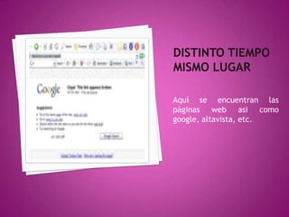distinto tiempo mismo lugarAquí se encuentran las pàginas web asi como google, altavista, etc.