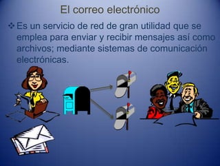 El correo electrónico
Es un servicio de red de gran utilidad que se
emplea para enviar y recibir mensajes así como
archivos; mediante sistemas de comunicación
electrónicas.
 