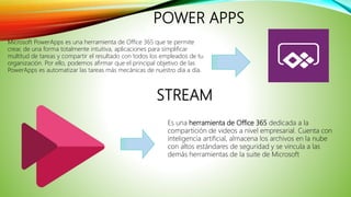 POWER APPS
Microsoft PowerApps es una herramienta de Office 365 que te permite
crear, de una forma totalmente intuitiva, aplicaciones para simplificar
multitud de tareas y compartir el resultado con todos los empleados de tu
organización. Por ello, podemos afirmar que el principal objetivo de las
PowerApps es automatizar las tareas más mecánicas de nuestro día a día.
Es una herramienta de Office 365 dedicada a la
compartición de videos a nivel empresarial. Cuenta con
inteligencia artificial, almacena los archivos en la nube
con altos estándares de seguridad y se vincula a las
demás herramientas de la suite de Microsoft
STREAM
 