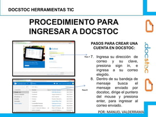 PROCEDIMIENTO PARA
INGRESAR A DOCSTOC
PASOS PARA CREAR UNA
CUENTA EN DOCSTOC:
7. Ingresa su dirección de
correo y su clave,
presiona sign in, e
ingresa a su correo
elegido.
8. Dentro de su bandeja de
mensaje busca el
mensaje enviado por
docstoc, dirige el puntero
del mouse y presiona
enter, para ingresar al
correo enviado.
Paso 7
Paso 8
DOCSTOC HERRAMIENTAS TIC
POR: MANUEL VALDERRAMA
 