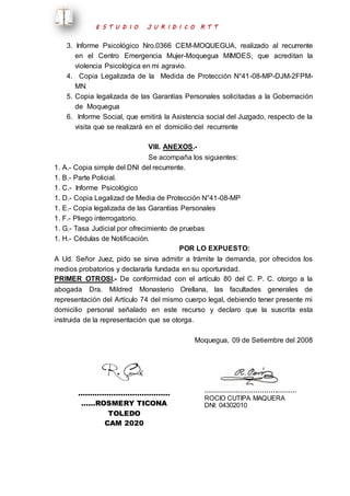 E S T U D I O J U R I D I C O R T T 
3. Informe Psicológico Nro.0366 CEM-MOQUEGUA, realizado al recurrente 
en el Centro Emergencia Mujer-Moquegua MIMDES, que acreditan la 
violencia Psicológica en mi agravio. 
4. Copia Legalizada de la Medida de Protección N°41-08-MP-DJM-2FPM-MN 
5. Copia legalizada de las Garantías Personales solicitadas a la Gobernación 
de Moquegua 
6. Informe Social, que emitirá la Asistencia social del Juzgado, respecto de la 
visita que se realizará en el domicilio del recurrente 
VIII. ANEXOS.- 
Se acompaña los siguientes: 
1. A.- Copia simple del DNI del recurrente. 
1. B.- Parte Policial. 
1. C.- Informe Psicológico 
1. D.- Copia Legalizad de Media de Protección N°41-08-MP 
1. E.- Copia legalizada de las Garantías Personales 
1. F.- Pliego interrogatorio. 
1. G.- Tasa Judicial por ofrecimiento de pruebas 
1. H.- Cédulas de Notificación. 
POR LO EXPUESTO: 
A Ud. Señor Juez, pido se sirva admitir a trámite la demanda, por ofrecidos los 
medios probatorios y declararla fundada en su oportunidad. 
PRIMER OTROSI.- De conformidad con el artículo 80 del C. P. C. otorgo a la 
abogada Dra. Mildred Monasterio Orellana, las facultades generales de 
representación del Artículo 74 del mismo cuerpo legal, debiendo tener presente mi 
domicilio personal señalado en este recurso y declaro que la suscrita esta 
instruida de la representación que se otorga. 
Moquegua, 09 de Setiembre del 2008 
………………………………… 
……ROSMERY TICONA 
TOLEDO 
CAM 2020 
…………………………………… 
ROCIO CUTIPA MAQUERA 
DNI: 04302010 
 
