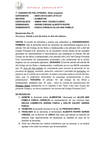 E S T U D I O J U R I D I C O R T T 
1° JUZGADO DE PAZ LETRADO - Sede Juzgados 
EXPEDIENTE : 00067-2014-0-2801-JP-FC-01 
MATERIA : ALIMENTOS 
ESPECIALISTA : SIMON YONY TICONA FLORES 
DEMANDADO : ADRIAN VARGAS ALBERTS RUPER 
DEMANDANTE : PANCA CORNEJO ALLEN ANE PAMELA 
Resolución Nro. 01 
Moquegua, treinta y uno de enero de dos mil catorce.- 
VISTOS: El escrito de demanda y anexos que anteceden; y, CONSIDERANDO: 
PRIMERO: Que la demanda reúne los requisitos de admisibilidad exigidos por el 
artículo 164 del Código de los Niños y Adolescentes y los artículos 424 y 425 del 
Código Procesal Civil, asimismo no se encuentra incursa dentro de las causales 
generales de inadmisibilidad e improcedencia que establecen el artículo 165 del 
Código de los Niños y Adolescentes y los artículos 426 y 427 del Código Procesal 
Civil, concurriendo los presupuestos procesales y las condiciones de la acción 
exigidos por los preceptos glosados. SEGUNDO: El primer párrafo del artículo 96 
del Código de los Niños y Adolescentes, modificado por la Ley 28439, preceptúa 
que “El Juez de Paz Letrado es competente para conocer la demanda en los 
procesos de fijación, aumento, reducción, extinción o prorrateo de alimentos, sin 
perjuicio de la cuantía de la pensión, la edad o la prueba sobre el vínculo familiar, 
salvo que la pretensión alimentaria se proponga accesoriamente a otras 
pretensiones”. TERCERO: El artículo 161 del Código de los Niños y 
Adolescentes, establece que: “El Juez… toma en cuenta las disposiciones del 
Proceso Único establecido en el Capítulo II del Título II del Libro Cuarto del 
presente Código y, en forma supletoria, las normas del Código Procesal Civil ”. 
SE RESUELVE: 
1. ADMITIR la demanda sobre ALIMENTOS, interpuesta por ALLEN ANE 
PAMELA PANCA CORNEJO en representación de sus menores hijas 
ISELDA CARMELITA ADRIAN PANCA y EIHLYN VALERY ADRIAN 
PANCA. 
2. TRAMITAR el presente proceso en la vía del PROCESO UNICO. 
3. TRASLADO de la demanda al demandado ALBERTS RUPER ADRIAN 
VARGAS, por el término de CINCO días para que ejerzan su derecho de 
defensa, bajo apercibimiento de declararse su rebeldía en caso de no 
absolver la demanda. 
4. Tener por ofrecidos los medios probatorios que se precisan, y, se ordena 
agregar a los autos los anexos que se acompañan. 
 