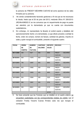 E S T U D I O J U R I D I C O R T T 
la persona de FREDDY VIZCARRA CUEVAS tal como aparece de los vales 
firmados por su persona. 
3. He venido constantemente haciendo gestiones a fin de que se me reconozca 
la deuda, hasta que el 20 de junio del 2012, mediante Oficio N° 208-2012- 
JRCHN-A/MDSC-C se me comunica que mi requerimiento de pago no puede 
ser atendido por la demandada ya que no cuenta con documentos 
sustentatorios. 
4. Sin embargo, mi representada ha llevado el control exacto y detallado del 
aprovisionamiento hecho a la demandada, a cuyo efecto procedo a señalar la 
fecha, orden de compra, número de factura, cantidad de galones, importe en 
soles y quién recogió el combustible, presento el siguiente cuadro: 
FECHA ORDEN 
DE 
COMPRA 
NUMERO 
DE 
FACTURA 
CANTIDAD 
GALONES 
IMPORTE 
SOLES 
RECOGIO 
06/11/2009 302 7337 500 5000 FREDY VIZCARRA 
CUEVAS 
06/10/2010 604 11970 800 9760 FREDY VIZCARRA 
CUEVAS 
23/11/2010 790 12967 600 6900 FREDY VIZCARRA 
CUEVAS 
12/11/2010 802 12962 500 5750 FREDY VIZCARRA 
CUEVAS 
23/11/2010 803 12963 400 4600 FREDY VIZCARRA 
CUEVAS 
12/11/2010 804 12964 280 3220 FREDY VIZCARRA 
CUEVAS 
12/11/2010 806 12961 500 5750 FREDY VIZCARRA 
CUEVAS 
03/12/2010 900 26641 450 5175 FREDY VIZCARRA 
CUEVAS 
46155 
5. Se hace presente que las Facturas que se detallan en el cuadro anterior se 
encuentran sustentadas con las correspondientes boletas de crédito que el 
cotizador Freddy Vizcarra Cuevas firmaba cada vez que recogía el 
combustible. 
 
