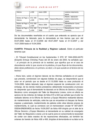 E S T U D I O J U R I D I C O R T T 
Informe y 639 enero 2008 sistema tratamiento 
aguas 
Boleta de Pago e 
Informe 
612; 638 
y 639 
Febrero 2008 Operario/Mecánico 
Reubic. Aplicación 
sistema tratamiento 
aguas 
Boleta de Pago e 
Informe 
613; 638 
y 639 
Marzo 2008 Operario/Mecánico 
Rehabilitación Const. 
Carretera 
Boleta de Pago e 
Informe 
614; 638 
y 639 
01 al 15 Abril 
2008 
Operario/Mecánico 
Rehabilitación Const. 
Carretera 
De las documentales reseñadas en el cuadro que antecede se aprecia que el 
demandante ha laborado para la demandada en tres tramos que son: del 
03.07.2006 hasta el 31.12.2006 del 05.01.2007 hasta el 31.12.2007 y del 
15.01.2008 hasta el 15.04.2008. 
CUARTO: Primacía de la Realidad y Régimen Laboral. Sobre el particular 
tenemos que: 
- El Tribunal Constitucional en los fundamentos 3 STC Nº 1944-2002-AA/TC 
(Eduardo Enrique Chinchay Puse) del 28 de enero del 2003, ha señalado que: 
“…el principio de la primacía de la realidad, que significa que en el caso de 
discordancia entre lo que ocurre en la práctica y lo que fluye de los documentos, 
debe darse preferencia a lo primero, es decir, a lo que sucede en el terreno de los 
hechos”. 
- Ahora bien, sobre el régimen laboral, de los informes señalados en el cuadro 
que precede, corroborado con algunas boletas de pago, se desprendería que el 
actor en el periodo que va desde el 01.10.2006 hasta su cese producido el 
15.04.2008, habría laborado bajo el régimen especial de construcción civil, sin 
embargo, de los demás medios probatorios válidamente incorporados al proceso 
se desprende que el demandante ha laborado en la Oficina de Servicio y Equipo 
Mecánico como encargado del Taller de Maquinaria Liviana, como en efecto se 
aprecia de las órdenes de trabajo de folios 615 a 622 que señalar que el actor ha 
realizado labores en la Oficina de Servicio y Equipo Mecánico realizando labores 
de mantenimiento de vehículos, entre las que se encuentran el chequeo de frenos 
engrase y pulverizado, mantenimiento de palieres entre otras labores propias de 
mantenimiento, lo cual se corrobora con el memorandum circular N° 007-2007- 
OSEM-GRI/GR.MOQ de fecha 19.09.2007 de folios 409 dirigido por el Jefe de la 
Oficina Servicio y Equipo Mecánico al demandante en su calidad de encargado 
del Taller de Maquinaria Liviana y en la cual le pone en conocimiento la necesidad 
de contar con datos exactos de las reparaciones efectuadas, así también las 
ordenes de transito de folios 406 a 408, dirigidas al demandante en su labor en la 
 