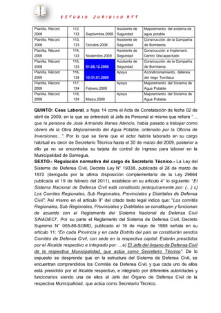 E S T U D I O J U R I D I C O R T T 
Planilla, Récord 
2008 
112, 
133 Septiembre.2008 
Asistente de 
Seguridad 
Mejoramiento del sistema de 
agua potable 
Planilla, Récord 
2008 
113, 
133 Octubre.2008 
Asistente de 
Seguridad 
Construcción de la Compañía 
de Bomberos 
Planilla, Récord 
2008 
114, 
133 Noviembre.2008 
Asistente de 
Seguridad 
Construcción e Implement. 
Centro Discapacitado 
Planilla, Récord 
2008 
115, 
133 01-28.12.2008 
Asistente de 
Seguridad 
Construcción de la Compañía 
de Bomberos 
Planilla, Récord 
2009 
116, 
134 12-31.01.2009 
Apoyo Acondicionamiento, defensa 
del riego Tumilaca 
Planilla, Récord 
2009 
117, 
134 Febrero.2009 
Apoyo Mejoramiento del Sistema de 
Agua Potable 
Planilla, Récord 
2009 
118, 
134 Marzo.2009 
Apoyo Mejoramiento del Sistema de 
Agua Potable 
QUINTO: Cese Laboral, a fojas 14 corre el Acta de Constatación de fecha 02 de 
abril de 2009, en la que se entrevistó al Jefe de Personal el mismo que refiere “… 
que la persona de José Armando Illanes Atencio, había pasado a trabajar como 
obrero de la Obra Mejoramiento del Agua Potable, ordenado por la Oficina de 
Inversiones…”. Por lo que se tiene que el actor habría laborado en su cargo 
habitual es decir de Secretario Técnico hasta el 30 de marzo del 2009, posterior a 
ello ya no se encontraba su tarjeta de control de ingreso para laborar en la 
Municipalidad de Samegua. 
SEXTO.- Regulación normativa del cargo de Secretario Técnico.- La Ley del 
Sistema de Defensa Civil, Decreto Ley N° 19338, publicada el 28 de marzo de 
1972 (derogada por la ultima disposición complementaría de la Ley 29664 
publicada el 19 de febrero del 2011), establece en su artículo 4° lo siguiente: “El 
Sistema Nacional de Defensa Civil está constituido jerárquicamente por: (…) c) 
Los Comites Regionales, Sub Regionales, Provinciales y Distritales de Defensa 
Civil”. Así mismo en el artículo 9° del citado texto legal indica que: “Los comités 
Regionales, Sub Regionales, Provinciales y Distritales se constituyen y funcionan 
de acuerdo con el Reglamento del Sistema Nacional de Defensa Civil 
SINADECI”. Por su parte el Reglamento del Sistema de Defensa Civil, Decreto 
Supremo N° 005-88-SGMD, publicado el 16 de mayo de 1988 señala en su 
artículo 11: “En cada Provincia y en cada Distrito del país se constituirán sendos 
Comités de Defensa Civil, con sede en la respectiva capital. Estarán presididos 
por el Alcalde respectivo e integrado por: …e) El Jefe del órgano de Defensa Civil 
de la respectiva Municipalidad, que actúa como Secretario Técnico”. De lo 
expuesto se desprende que en la estructura del Sistema de Defensa Civil, se 
encuentran comprendidos los Comités de Defensa Civil, y que cada uno de ellos 
está presidido por el Alcalde respectivo, e integrado por diferentes autoridades y 
funcionarios siendo una de ellos el Jefe del Órgano de Defensa Civil de la 
respectiva Municipalidad, que actúa como Secretario Técnico. 
 