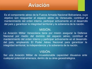 Aviación
Es el componente aéreo de la Fuerza Armada Nacional Bolivariana​, cuyo
objetivo son resguardar el espacio aéreo de Venezuela, contribuir al
mantenimiento del orden interno, participar activamente en el desarrollo
del país y garantizar la integridad territorial y la soberanía de la nación.
MISIÓN.
La Aviación Militar Venezolana tiene por misión asegurar la Defensa
Nacional por medio del dominio del espacio aéreo, contribuir al
mantenimiento del orden interno y participar activamente en el desarrollo
del país, empleando El Poder Aéreo Nacional para garantizar la
integridad territorial, la independencia y la soberanía de la nación.
VISIÓN.
Ser una Aviación Militar de incuestionable capacidad disuasiva ante
cualquier potencial amenaza, dentro de su área geoestratégica.
 