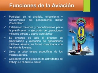 Funciones de la Aviación
 Participar en el análisis, forjamiento y
conocimiento del pensamiento militar
Venezolano.
 Establecer métodos y procedimientos par a
la planificación y ejecución de operaciones
militares aéreas y apoyo aerotáctico.
 Se encarga de todo el proceso de
planificación y ejecución de operaciones
militares aéreas, en forma combinada con
las demás fuerzas.
 Llevar a cabo tareas especificas de los
medios aéreos.
 Colaboran en la ejecución de actividades de
trabajo en el ámbito militar.
 