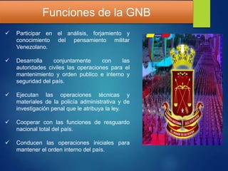 Funciones de la GNB
 Participar en el análisis, forjamiento y
conocimiento del pensamiento militar
Venezolano.
 Desarrolla conjuntamente con las
autoridades civiles las operaciones para el
mantenimiento y orden publico e interno y
seguridad del país.
 Ejecutan las operaciones técnicas y
materiales de la policía administrativa y de
investigación penal que le atribuya la ley.
 Cooperar con las funciones de resguardo
nacional total del país.
 Conducen las operaciones iniciales para
mantener el orden interno del país.
 