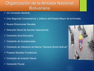  Un Comando General.
 Una Segunda Comandancia y Jefatura del Estado Mayor de la Armada.
 Nueve Direcciones Navales.
 Dirección Naval de Apresto Operacional.
 Comando de la Escuadra.
 Comando de Guardacostas.
 Comando de Infantería de Marina "General Simón Bolívar"
 Puestos Navales Fronterizos.
 Comando de Aviación Naval.
 Comando Fluvial.
Organización de la Armada Nacional
Bolivariana
 