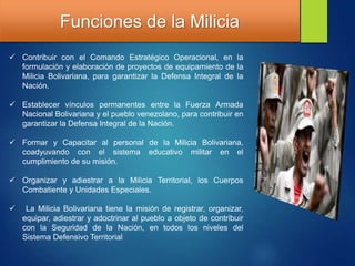 Funciones de la Milicia
 Contribuir con el Comando Estratégico Operacional, en la
formulación y elaboración de proyectos de equipamiento de la
Milicia Bolivariana, para garantizar la Defensa Integral de la
Nación.
 Establecer vínculos permanentes entre la Fuerza Armada
Nacional Bolivariana y el pueblo venezolano, para contribuir en
garantizar la Defensa Integral de la Nación.
 Formar y Capacitar al personal de la Milicia Bolivariana,
coadyuvando con el sistema educativo militar en el
cumplimiento de su misión.
 Organizar y adiestrar a la Milicia Territorial, los Cuerpos
Combatiente y Unidades Especiales.
 La Milicia Bolivariana tiene la misión de registrar, organizar,
equipar, adiestrar y adoctrinar al pueblo a objeto de contribuir
con la Seguridad de la Nación, en todos los niveles del
Sistema Defensivo Territorial..
 