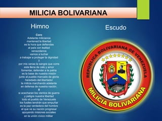 MILICIA BOLIVARIANA
Coro
Adelante milicianos
mantened la libertad
es la hora que defiendas
al país con lealtad
venezolanos
vamos a luchar
a trabajar a proteger la dignidad
I
por mis venas la sangre que corre
esta llena de celo y amor
fomentar, defender a la patria
es la base de nuestra misión
junto al pueblo marcado de gloria
heredado del libertador
la milicia marchando adelante
en defensa de nuestra nación.
II
si acecharan los vientos de guerra
y peligre nuestra libertad
todo el pueblo de Venezuela
los fusiles tendrán que empuñar
es la paz verdadera del hombre
el que ve su nación progresar
apoyando misiones sociales
en la unión cívico militar.
Himno Escudo
 
