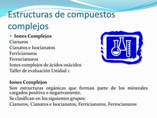 Estructuras de compuestos complejos Iones Complejos Cianuros Cianatos e Isocianatos Ferricianuros Ferrocianuros Iones complejos de ácidos oxácidos Taller de evaluación Unidad 1 Iones Complejos Son estructuras orgánicas que forman parte de los minerales cargados positiva o negativamente. Se clasifican en los siguientes grupos: Cianuros, Cianatos e Isocianatos, Ferricianuros, Ferrocianuros 