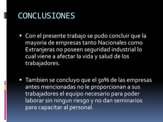 CONCLUSIONESCon el presentetrabajo se pudo concluir que la mayoria de empresas tanto Nacionales como Extranjeras no poseen seguridad industrial lo cual viene a afectar la vida y salud de los trabajadores.Tambien se concluyo que el 50% de las empresas antes mencionadas no le proporcionan a sus trabajadores el equipo necesario para poder laborar sin ningun riesgo y no dan seminarios para capacitar al personal.