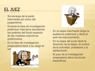 EL JUEZ
 Se encarga de la parte
intermedia así como del
juzgamiento.
 Durante la fase de investigación
preliminar interviene decidiendo
los pedidos del fiscal respecto
de las medidas coercitivas
preliminares.
 En la fase de investigación
preparatoria tiene a su cargo el
control de la misma.
 En la etapa intermedia dirige la
audiencia preliminar y dicta el
auto de enjuiciamiento.
 En la etapa del juicio tiene la
dirección de la etapa, el control
de la actividad probatoria y la
deliberación.
 El juez de la investigación
preparatoria tiene funciones
especificas.
 