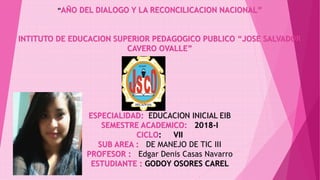 “AÑO DEL DIALOGO Y LA RECONCILICACION NACIONAL”
INTITUTO DE EDUCACION SUPERIOR PEDAGOGICO PUBLICO “JOSE SALVADOR
CAVERO OVALLE”
ESPECIALIDAD: EDUCACION INICIAL EIB
SEMESTRE ACADEMICO: 2018-I
CICLO: VII
SUB AREA : DE MANEJO DE TIC III
PROFESOR : Edgar Denis Casas Navarro
ESTUDIANTE : GODOY OSORES CAREL
 