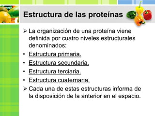  La organización de una proteína viene
definida por cuatro niveles estructurales
denominados:
• Estructura primaria.
• Estructura secundaria.
• Estructura terciaria.
• Estructura cuaternaria.
 Cada una de estas estructuras informa de
la disposición de la anterior en el espacio.
Estructura de las proteínas
 