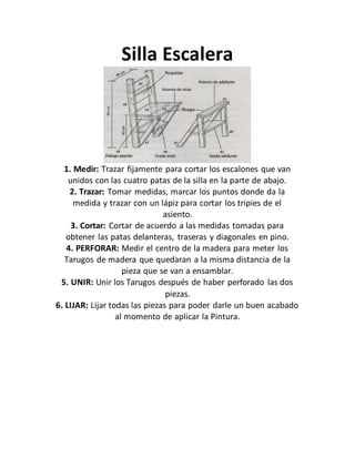 Silla Escalera
1. Medir: Trazar fijamente para cortar los escalones que van
unidos con las cuatro patas de la silla en la parte de abajo.
2. Trazar: Tomar medidas, marcar los puntos donde da la
medida y trazar con un lápiz para cortar los tripies de el
asiento.
3. Cortar: Cortar de acuerdo a las medidas tomadas para
obtener las patas delanteras, traseras y diagonales en pino.
4. PERFORAR: Medir el centro de la madera para meter los
Tarugos de madera que quedaran a la misma distancia de la
pieza que se van a ensamblar.
5. UNIR: Unir los Tarugos después de haber perforado las dos
piezas.
6. LIJAR: Lijar todas las piezas para poder darle un buen acabado
al momento de aplicar la Pintura.
 