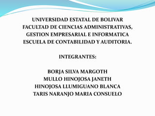 UNIVERSIDAD ESTATAL DE BOLIVAR
FACULTAD DE CIENCIAS ADMINISTRATIVAS,
GESTION EMPRESARIAL E INFORMATICA
ESCUELA DE CONTABILIDAD Y AUDITORIA.
INTEGRANTES:
BORJA SILVA MARGOTH
MULLO HINOJOSA JANETH
HINOJOSA LLUMIGUANO BLANCA
TARIS NARANJO MARIA CONSUELO
 