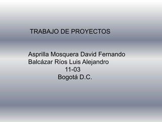 TRABAJO DE PROYECTOS
Asprilla Mosquera David Fernando
Balcázar Ríos Luis Alejandro
11-03
Bogotá D.C.
 