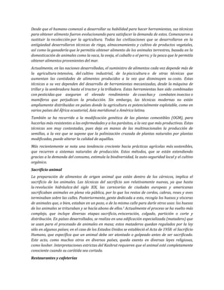 Desde que el humano comenzó a desarrollar su habilidad para hacer herramientas, sus técnicas
para obtener alimento fueron evolucionando para satisfacer la demanda de estos. Comenzaron a
sustituir la recolección por la agricultura. Todas las civilizaciones que se desarrollaron en la
antigüedad desarrollaron técnicas de riego, almacenamiento y cultivo de productos vegetales,
así como la ganadería que le permitía obtener alimento de los animales terrestres, basada en la
domesticación de animales como la vaca, la oveja, el caballo o el perro; y la pesca que le permitía
obtener alimentos provenientes del mar.
Actualmente, en las naciones desarrolladas, el suministro de alimentos cada vez depende más de
la agricultura intensiva, del cultivo industrial, de la piscicultura o de otras técnicas que
aumentan las cantidades de alimentos producidos a la vez que disminuyen su costo. Estas
técnicas a su vez dependen del desarrollo de herramientas mecanizadas, desde la máquina de
trillar y la sembradora hasta el tractor y la trilladora. Estas herramientas han sido combinadas
con pesticidas que aseguran el elevado rendimiento de cosechas y combaten insectos o
mamíferos que perjudican la producción. Sin embargo, las técnicas modernas no están
ampliamente distribuidas en países donde la agricultura es potencialmente explotable, como en
varios países del África ecuatorial, Asia meridional o América latina.
También se ha recurrido a la modificación genética de las plantas comestibles (OGM), para
hacerlas más resistentes a las enfermedades y a los parásitos, a la vez que más productivas. Estas
técnicas son muy contestadas, pues deja en manos de las multinacionales la producción de
semillas, a la vez que se supone que la polinización cruzada de plantas naturales por plantas
modificadas, puede alterar la calidad de aquéllas.
Más recientemente se nota una tendencia creciente hacia prácticas agrícolas más sostenibles,
que recurren a sistemas naturales de producción. Estos métodos, que se están extendiendo
gracias a la demanda del consumo, estimula la biodiversidad, la auto-seguridad local y el cultivo
orgánico.
Sacrificio animal
La preparación de alimentos de origen animal que están dentro de los cárnicos, implica el
sacrificio de los animales. Las técnicas del sacrificio son relativamente nuevas, ya que hasta
la revolución hidráulica del siglo XIX, las carnicerías de ciudades europeas y americanas
sacrificaban animales en plena vía pública, por lo que los restos de cerdos, cabras, reses y aves
terminaban sobre las calles. Posteriormente, gente dedicada a esto, recogía los huesos y vísceras
de animales que, o bien, estaban en un pozo, o de la misma calle para darle otros usos: los huesos
de los animales se trituraban y se hacía abono de ellos.7 Actualmente el proceso se ha vuelto más
complejo, que incluye diversas etapas: sacrificio, evisceración, colgado, partición o corte y
distribución. En países desarrollados, se realiza en una edificación especializada (matadero) que
se usan para el procesado de animales en masa; estos mataderos quedan regulados por la ley
sólo en algunos países; en el caso de los Estados Unidos se estableció el Acta de 1958: el Sacrificio
Humano, que específica que un animal debe ser atontado o golpeado antes de ser sacrificado.
Este acto, como muchos otros en diversos países, queda exento en diversas leyes religiosas,
como kosher. Interpretaciones estrictas del Kashrut requieren que el animal esté completamente
consciente cuando su carótida sea cortada.
Restaurantes y cafeterías
 
