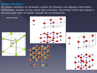 Sólidos MetálicosUn sólido metálico es formado a partir de átomos con algunos electrones débilmente ligados en las capas más externas, electrones estos que pasan a moverse por todo el sólido cuando de su formación.Redes Cristalinas
