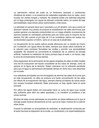La salinización natural del suelo es un fenómeno asociado a condiciones
climáticas de aridez y a la presencia de materiales originales ricos en sales, como
sucede con ciertas morgas y molasas. No obstante existe una salinidad adquirida
por el riego prolongado con aguas de elevado contenido salino, en suelos de baja
permeabilidad y bajo climas secos subhúmedos y más secos.

La salinidad no siempre tiene que ir asociada a un pH alcalino, sino que cuando se
alcanzan valores muy ácidos se produce la solubilización de sales alumínicas que
pueden generar una elevada conductividad con un riesgo añadido, la presencia de
aluminio soluble en cantidades suficientes para ser tóxico para la mayoría de las
plantas. Por ello cuando el pH baja de 3.5 se consideran salinos los suelos con
conductividad superior a 8 dS/m, como en el caso de la alcalinidad.

La recuperación de los suelos salinos puede efectuarse por un lavado de mismo
por inundación con aguas libres de sales, siempre que exista calcio suficiente en
la solución para mantener floculadas las arcillas y permitir una permeabilidad
aceptable. No obstante es conveniente la instalación de un sistema de drenaje
artificial, mediante la instalación de tubos porosos bajo el suelo o, al menos, bajo
la zona de enraizamiento de las plantas.

Para asegurarse de la eliminación de las aguas cargadas de sales se debe instalar
una red de evacuación del líquido procedente de los tubos de drenaje, como se
aprecia en la figura de la derecha. Deben colocarse con la suficiente pendiente
para que el agua no permanezca demasiado tiempo en dicha red y sea absorbida
por el suelo.

Los colectores principales son los encargados de eliminar las sales de la zona que
se está recuperando, en ellos se produce una fuerte concentración de las sales
por efecto de la evaporación del agua, siempre intensa al tratarse de zonas secas
con escasa humedad ambiental. Debe procurarse un flujo rápido hacia el canal
principal.

Por último las aguas deben ser evacuadas hacia un curso de agua cuyo caudal
sea suficiente para diluir las sales aportadas y no transferir el problema a las
zonas vecinas.

Muchas de estas zonas salinizadas se encuentran en áreas deltaicas por lo que el
drenaje puede hacerse directamente al mar, que es la mejor manera de no saliniar
otras zonas.

Cuando la salinidad va acompañada de sodicidad, la alcalinización producida por
el sodio favorece la dispersión de la arcilla, su movilización y la impermeabilización
 
