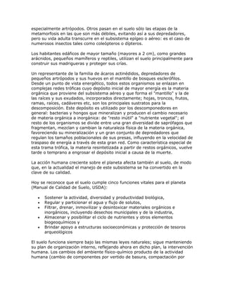 especialmente artrópodos. Otros pasan en el suelo sólo las etapas de la
metamorfosis en las que son más débiles, evitando así a sus depredadores,
pero su vida adulta transcurre en el subsistema epígeo o aéreo: es el caso de
numerosos insectos tales como coleópteros o dípteros.

Los habitantes edáficos de mayor tamaño (mayores a 2 cm), como grandes
arácnidos, pequeños mamíferos y reptiles, utilizan el suelo principalmente para
construir sus madrigueras y proteger sus crías.

Un representante de la familia de ácaros actinédidos, depredadores de
pequeños artrópodos y sus huevos en el mantillo de bosques esclerófilos.
Desde un punto de vista energético, todos estos organismos se enlazan en
complejas redes tróficas cuyo depósito inicial de mayor energía es la materia
orgánica que proviene del subsistema aéreo y que forma el "mantillo" y la de
las raíces y sus exudados, incorporados directamente; hojas, troncos, frutos,
ramas, raíces, cadáveres etc, son los principales sustratos para la
descomposición. Este depósito es utilizado por los descomponedores en
general: bacterias y hongos que mineralizan y producen el cambio necesario
de materia orgánica a inorgánica: de "resto inútil" a "nutriente vegetal"; el
resto de los organismos se divide entre una gran diversidad de saprófagos que
fragmentan, mezclan y cambian la naturaleza física de la materia orgánica,
favoreciendo su mineralización y un gran conjunto de depredadores que
regulan los tamaños poblacionales de sus presas, influyendo en la velocidad de
traspaso de energía a través de esta gran red. Como característica especial de
esta trama trófica, la materia resintetizada a partir de restos orgánicos, vuelve
tarde o temprano a engrosar el depósito inicial a causa de la muerte.

La acción humana creciente sobre el planeta afecta también al suelo, de modo
que, en la actualidad el manejo de este subsistema se ha convertido en la
clave de su calidad.

Hoy se reconoce que el suelo cumple cinco funciones vitales para el planeta
(Manual de Calidad de Suelo, USDA):

      Sostener la actividad, diversidad y productividad biológica,
      Regular y particionar el agua y flujo de solutos,
      Filtrar, drenar, inmovilizar y desintoxicar materiales orgánicos e
      inorgánicos, incluyendo desechos municipales y de la industria,
      Almacenar y posibilitar el ciclo de nutrientes y otros elementos
      biogeoquímicos y
      Brindar apoyo a estructuras socioeconómicas y protección de tesoros
      arqueológicos

El suelo funciona siempre bajo las mismas leyes naturales; sigue manteniendo
su plan de organización interno, reflejando ahora en dicho plan, la intervención
humana. Los cambios del ambiente físico-químico producto de la actividad
humana (cambio de componentes por vertido de basura, compactación por
 