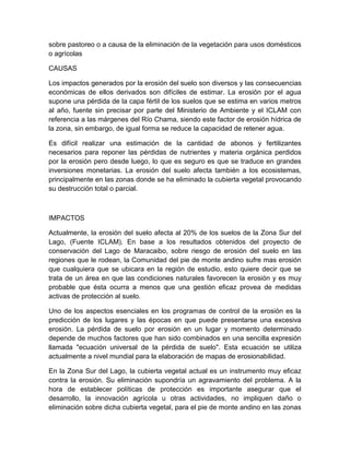 sobre pastoreo o a causa de la eliminación de la vegetación para usos domésticos
o agrícolas

CAUSAS

Los impactos generados por la erosión del suelo son diversos y las consecuencias
económicas de ellos derivados son difíciles de estimar. La erosión por el agua
supone una pérdida de la capa fértil de los suelos que se estima en varios metros
al año, fuente sin precisar por parte del Ministerio de Ambiente y el ICLAM con
referencia a las márgenes del Río Chama, siendo este factor de erosión hídrica de
la zona, sin embargo, de igual forma se reduce la capacidad de retener agua.

Es difícil realizar una estimación de la cantidad de abonos y fertilizantes
necesarios para reponer las pérdidas de nutrientes y materia orgánica perdidos
por la erosión pero desde luego, lo que es seguro es que se traduce en grandes
inversiones monetarias. La erosión del suelo afecta también a los ecosistemas,
principalmente en las zonas donde se ha eliminado la cubierta vegetal provocando
su destrucción total o parcial.



IMPACTOS

Actualmente, la erosión del suelo afecta al 20% de los suelos de la Zona Sur del
Lago, (Fuente ICLAM). En base a los resultados obtenidos del proyecto de
conservación del Lago de Maracaibo, sobre riesgo de erosión del suelo en las
regiones que le rodean, la Comunidad del pie de monte andino sufre mas erosión
que cualquiera que se ubicara en la región de estudio, esto quiere decir que se
trata de un área en que las condiciones naturales favorecen la erosión y es muy
probable que ésta ocurra a menos que una gestión eficaz provea de medidas
activas de protección al suelo.

Uno de los aspectos esenciales en los programas de control de la erosión es la
predicción de los lugares y las épocas en que puede presentarse una excesiva
erosión. La pérdida de suelo por erosión en un lugar y momento determinado
depende de muchos factores que han sido combinados en una sencilla expresión
llamada "ecuación universal de la pérdida de suelo". Esta ecuación se utiliza
actualmente a nivel mundial para la elaboración de mapas de erosionabilidad.

En la Zona Sur del Lago, la cubierta vegetal actual es un instrumento muy eficaz
contra la erosión. Su eliminación supondría un agravamiento del problema. A la
hora de establecer políticas de protección es importante asegurar que el
desarrollo, la innovación agrícola u otras actividades, no impliquen daño o
eliminación sobre dicha cubierta vegetal, para el pie de monte andino en las zonas
 