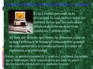 EL BIEN JURÍDICO PROTEGIDO POR LA NORMA Es la Libertad personal de la privacidad, la cual incluye todos los ámbitos en los que los individuos tienen el derecho de reserva de conductas y pensamiento Se trata del derecho que tienen las personas a que no  se haga pública o se brinde al conocimiento general su correspondencia o comunicaciones privadas no  destinadas a la publicidad. Existe un quebrantamiento de la reserva o confianza depositada  por el destinatario de la comunicación por parte de quien  decide hacerla pública por si o mediante terceros. 