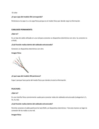 -El color
¿A que capa del modelo OSI corresponde?
Pertenece a la capa 1 o a la capa física porque es el medio físico por donde viaja la información
CABLEADO PERMANENTE:
¿Qué es?
Es un tipo de cable utilizado en una red para conectar un dispositivo electrónico con otro. Su conector es
el RJ45.
¿Cuál función realiza dentro del cableado estructurado?
Conectar un dispositivo electrónico con otro
Imagen física
¿A qué capa del modelo OSI pertenece?
Capa 1 porque hace parte del medio físico por donde circula la información
PLUG RJ45:
¿Qué es?
Es una interfaz física comúnmente usada para conectar redes de cableado estructurado (categorías 4, 5,
5e, 6 y 6a).
¿Cuál función realiza dentro del cableado estructurado?
Permite conectar el cable patchcord al Jack RJ45 y al dispositivo electrónico. Y de esta manera se logra la
conexión de los nodos a una red.
Imagen física
 