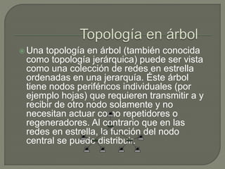  Una topología en árbol (también conocida
como topología jerárquica) puede ser vista
como una colección de redes en estrella
ordenadas en una jerarquía. Éste árbol
tiene nodos periféricos individuales (por
ejemplo hojas) que requieren transmitir a y
recibir de otro nodo solamente y no
necesitan actuar como repetidores o
regeneradores. Al contrario que en las
redes en estrella, la función del nodo
central se puede distribuir.
 