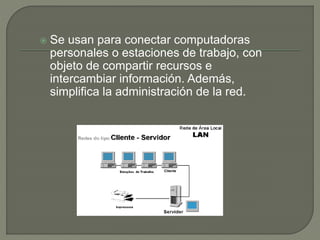  Se usan para conectar computadoras
personales o estaciones de trabajo, con
objeto de compartir recursos e
intercambiar información. Además,
simplifica la administración de la red.
 
