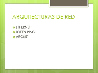 ARQUITECTURAS DE RED
 ETHERNET
 TOKEN RING
 ARCNET
 