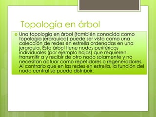 Topología en árbol
 Una topología en árbol (también conocida como
topología jerárquica) puede ser vista como una
colección de redes en estrella ordenadas en una
jerarquía. Éste árbol tiene nodos periféricos
individuales (por ejemplo hojas) que requieren
transmitir a y recibir de otro nodo solamente y no
necesitan actuar como repetidores o regeneradores.
Al contrario que en las redes en estrella, la función del
nodo central se puede distribuir.
 