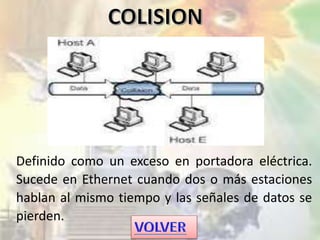 Definido como un exceso en portadora eléctrica.
Sucede en Ethernet cuando dos o más estaciones
hablan al mismo tiempo y las señales de datos se
pierden.
 