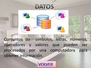 Conjuntos de símbolos, letras, números,
operadores y valores que pueden ser
procesados por una computadora para
obtener información.
 