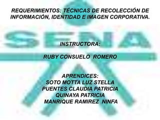 REQUERIMIENTOS: TÉCNICAS DE RECOLECCIÓN DE INFORMACIÓN, IDENTIDAD E IMAGEN CORPORATIVA. INSTRUCTORA: RUBY CONSUELO  ROMERO APRENDICES: SOTO MOTTA LUZ STELLA PUENTES CLAUDIA PATRICIA  QUINAYA PATRICIA   MANRIQUE RAMIREZ  NINFA  