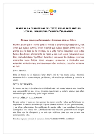 REALIZAR LA COMPRENSION DEL TEXTO EN LOS TRES NIVELES:
              LITERAL, INFERENCIAL Y CRITICO-VALORATIVO.



          Siempre nos preguntamos cuál es la manera para ser felices.

Muchos dicen que el secreto para ser feliz es el dinero que puedas tener, o el
amor que puedas cultivar, o bien la salud que puedas poseer, entre otros. Yo
pienso que la base de la felicidad, es la vida misma, recuerden que todos
fuimos bendecidos al momento de nacer, y ese es el regalo más grande que
Dios nos ha brindado: "LA VIDA". Durante el transcurso de ella todos tenemos
momentos tanto felices, como amargos; problemas y vicisitudes que
enfrentar, sentimientos y emociones que saber controlar, y muchas veces no
es fácil.
NIVEL LITERAL.

Para ser felices no es necesario tener dinero sino la vida misma donde tenemos
momentos felices como amargos, problemas y vicisitudes que enfrentar y controlar a
diario.

NIVEL INFERENCIAL.

La lectura nos hace referencia sobre el diario vivir de cada uno de nosotros, que a medida
que van pasando los años se nos presentan nuevos retos y a diario tenemos que saber
enfrentarlos para superarlos y poder seguir adelante

NIVEL CRÍTICO –VALORATIVO.

En esta lectura el autor nos hace conocer de manera sencilla y clara que la felicidad no
depende de la cantidad de dinero que se posee sino de la calidad de vida que disfrutemos,
y de cómo solucionemos los problemas de nuestra vida y que enseñanza logremos
conseguir de cada uno de ellos. Además se debe tener en cuenta que la vida es un milagro
que Dios nos ha obsequiado y es más que suficiente para que una persona sea
completamente feliz.

Nota: Este fragmento es tomado de internet con el título “EL SECRETO PARA SER FELIZ”
 